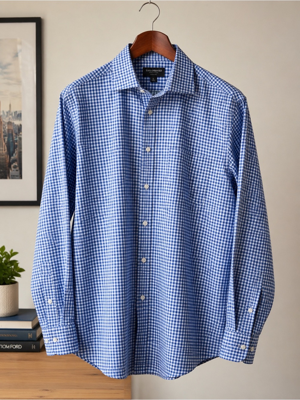 TAILORBYRD Blue Gingham Check Non Iron Button Down Dress Shirt Large 100% Cotton